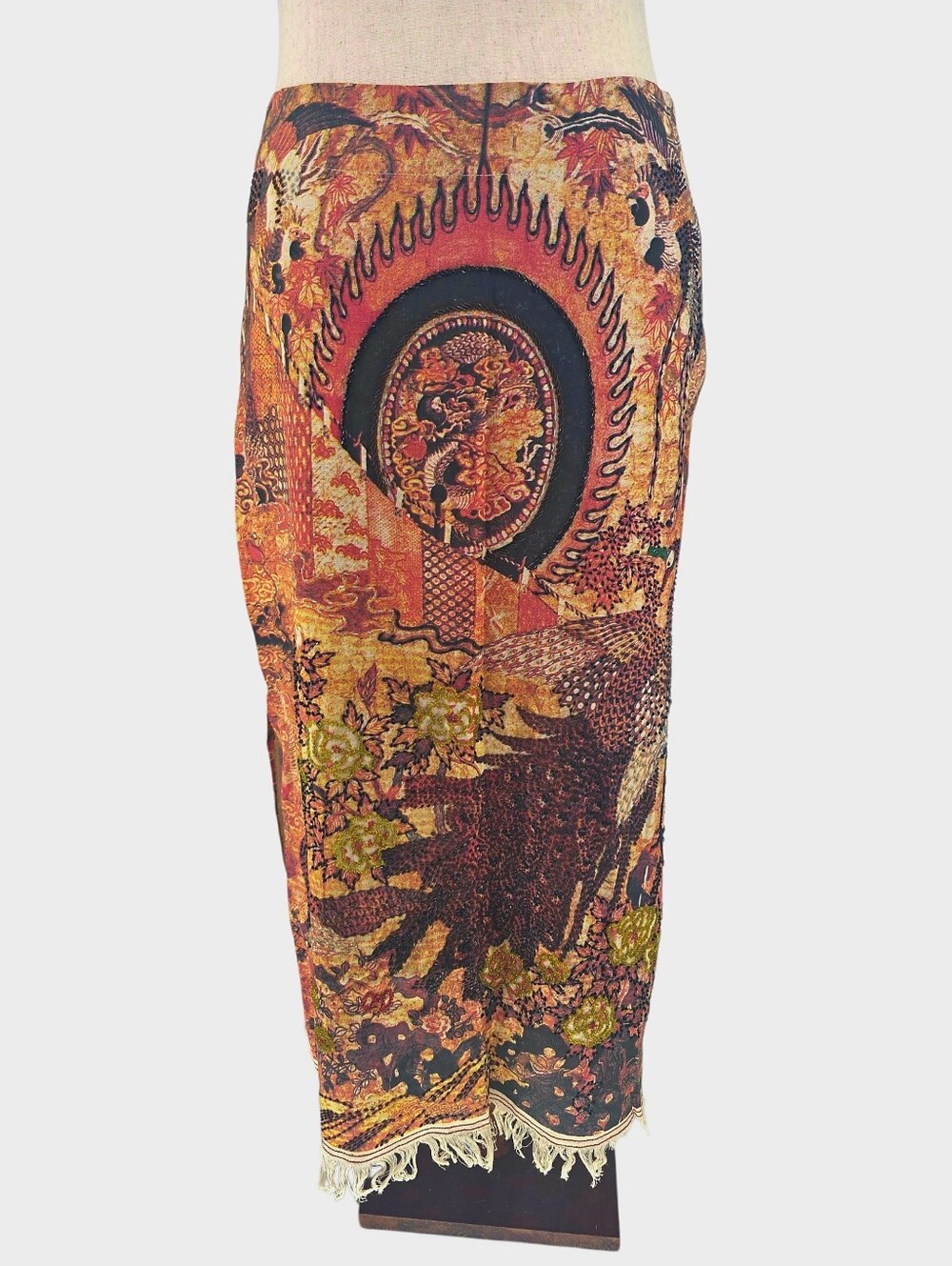 Vintage KOKOMO Linen Beaded Artisan Scenic Maxi Skirt Wearable Art
